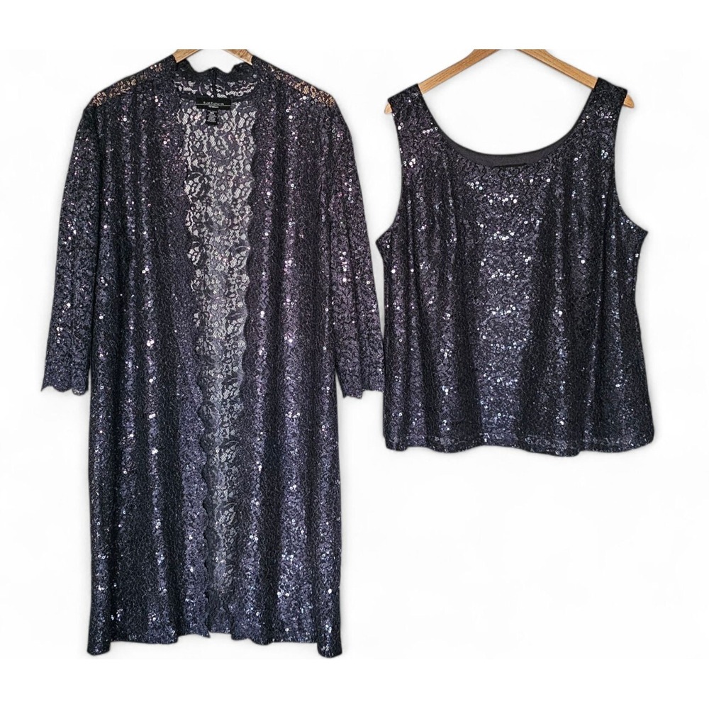 R&M Richards Lace Sequin Top Long Jacket Set 18W Two Piece Gray‎ Dressy Event